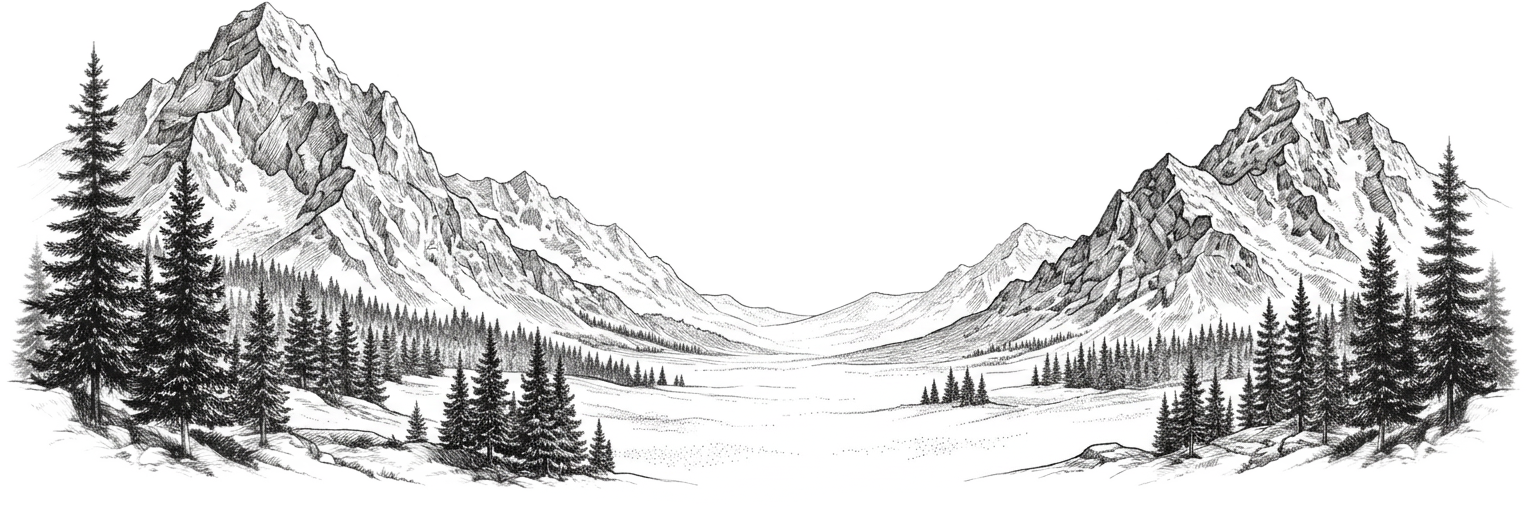 Grabado de un valle entre montañas y bosques de pinos, en tinta sobre papel